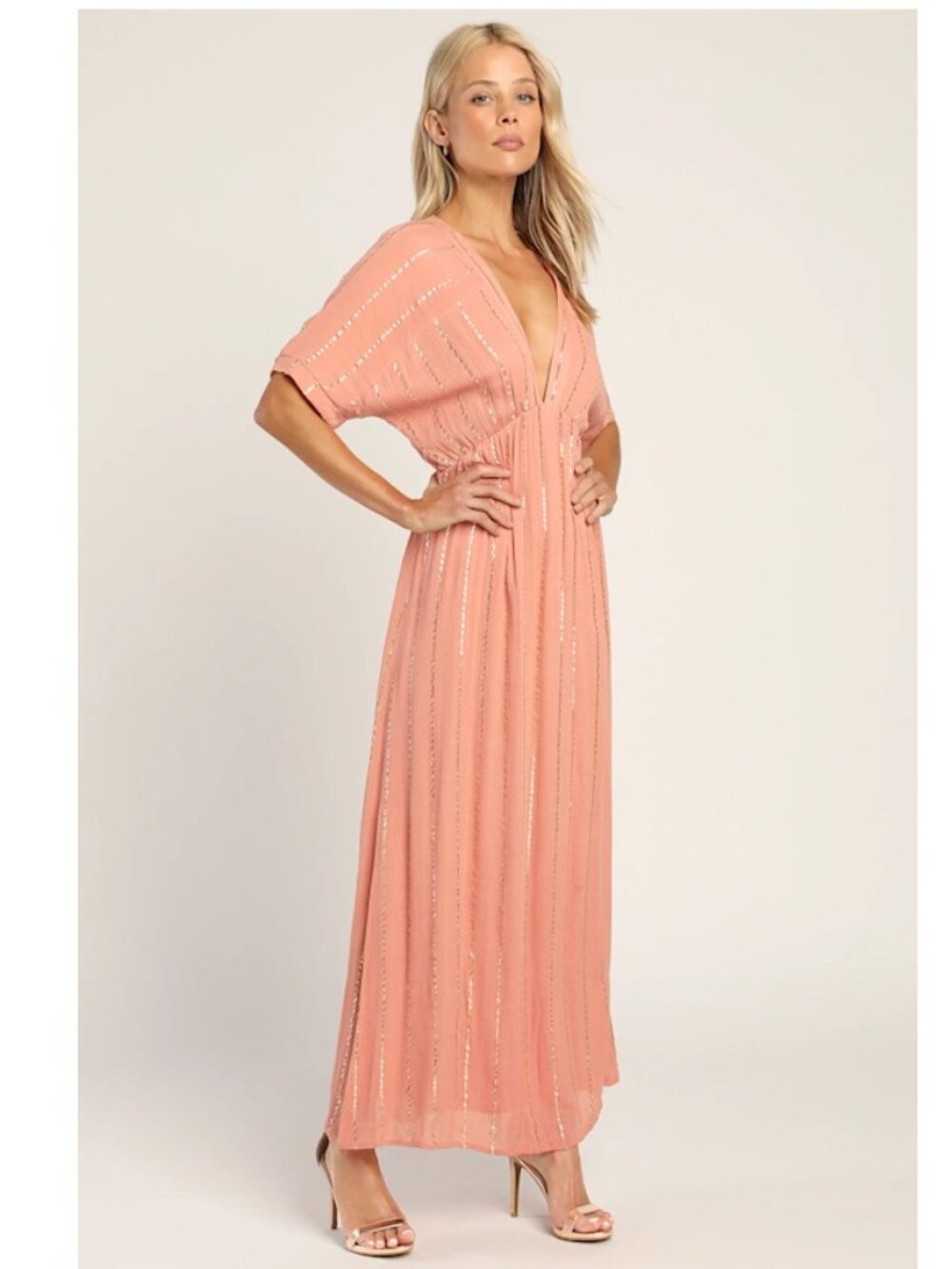 NWT Lulus Goddess Vibes Rusty Rose Gold Striped Dolman Sleeve Maxi Dress Medium